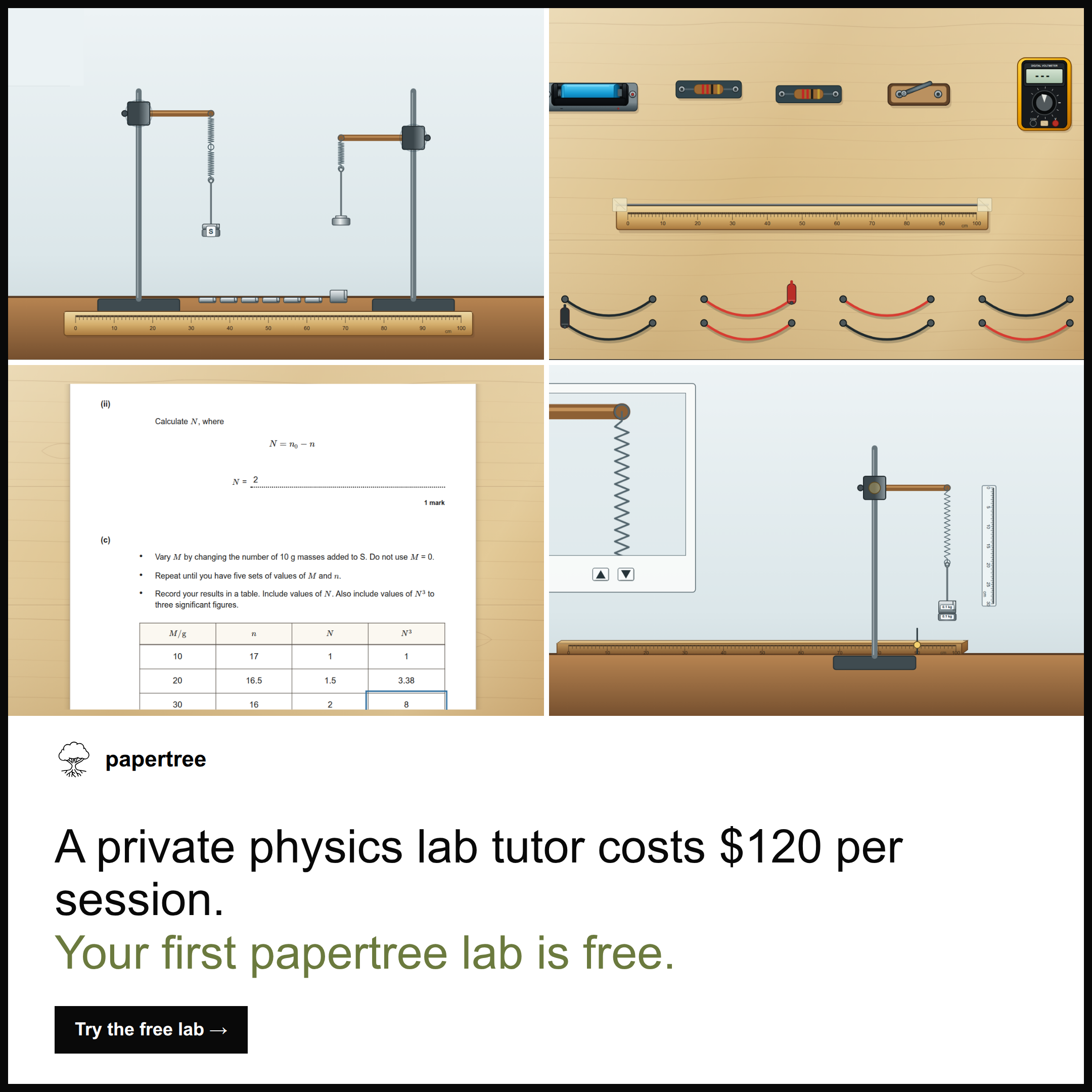 Papertree creative: a private physics tutor costs 120 dollars an hour; first lab free.